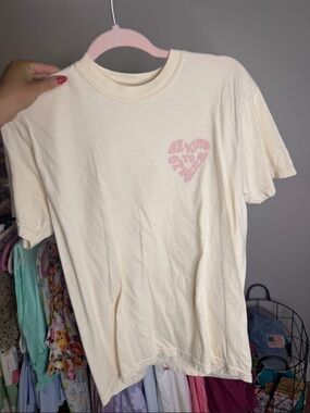 Womens Cream Graphic Tee with Pink Heart Print